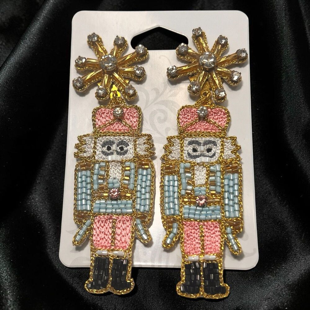 Beaded Nutcracker Drop Earrings Crystal Flower Post Christmas Holiday Statement